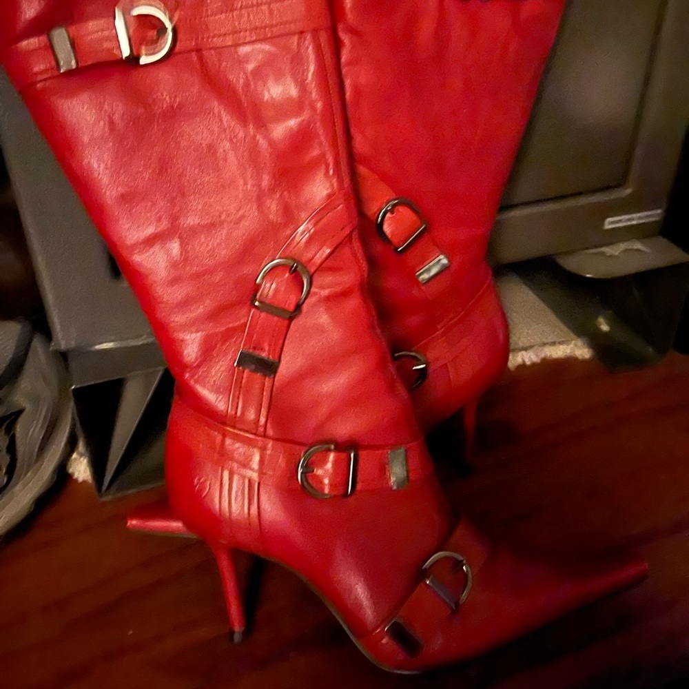 Ladies red leather heeled boots